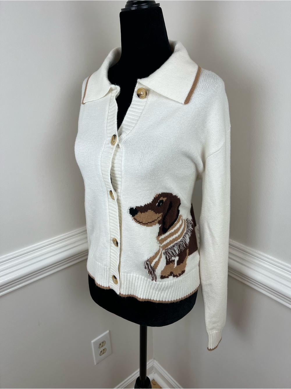 Calligraphie Dachshund Wiener Dog Knit Button Cardigan Sweater in Cream Size M